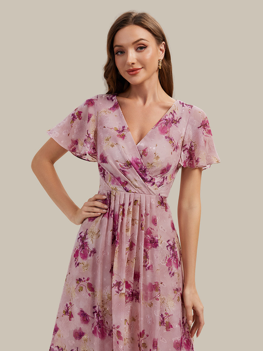 Printed Chiffon Ruffle Sleeve Wedding Guest Dress #color_Light Purple Print