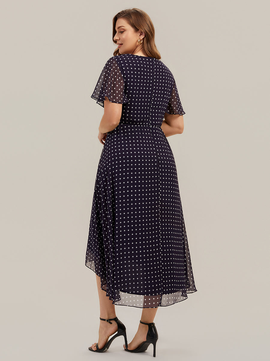 Plus Size Printed Chiffon Wedding Guest Dress #color_Navy Blue Polka Dots