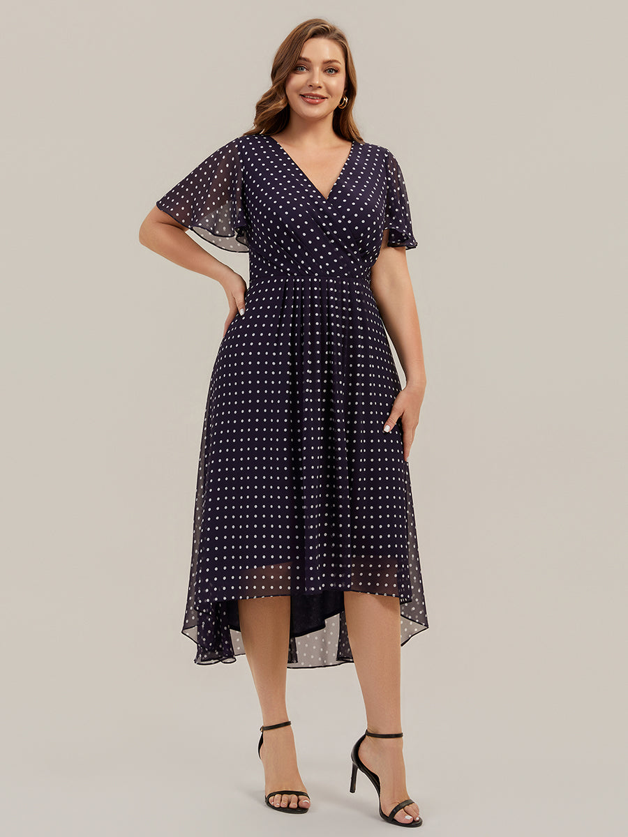 Printed Chiffon Ruffle Sleeve Wedding Guest Dress #color_Navy Blue Polka Dots