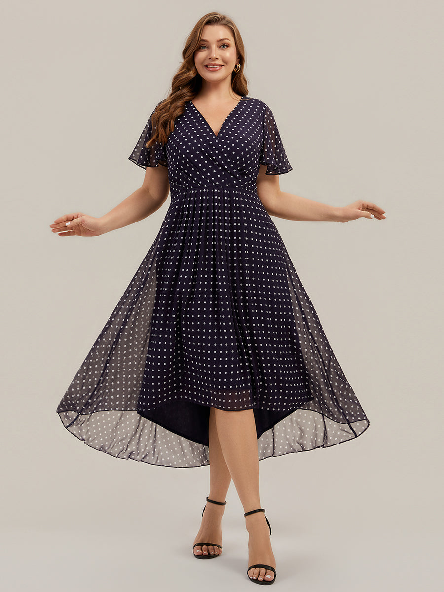 Plus Size Printed Chiffon Wedding Guest Dress #color_Navy Blue Polka Dots