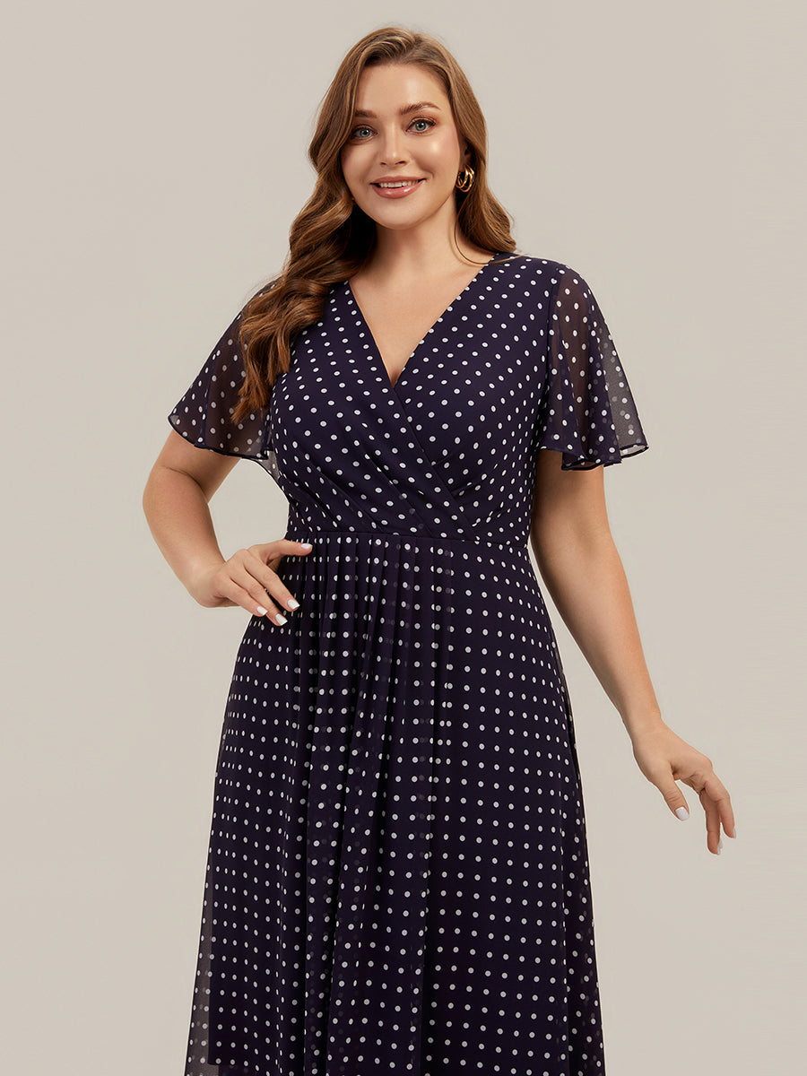 Plus Size Printed Chiffon Wedding Guest Dress #color_Navy Blue Polka Dots
