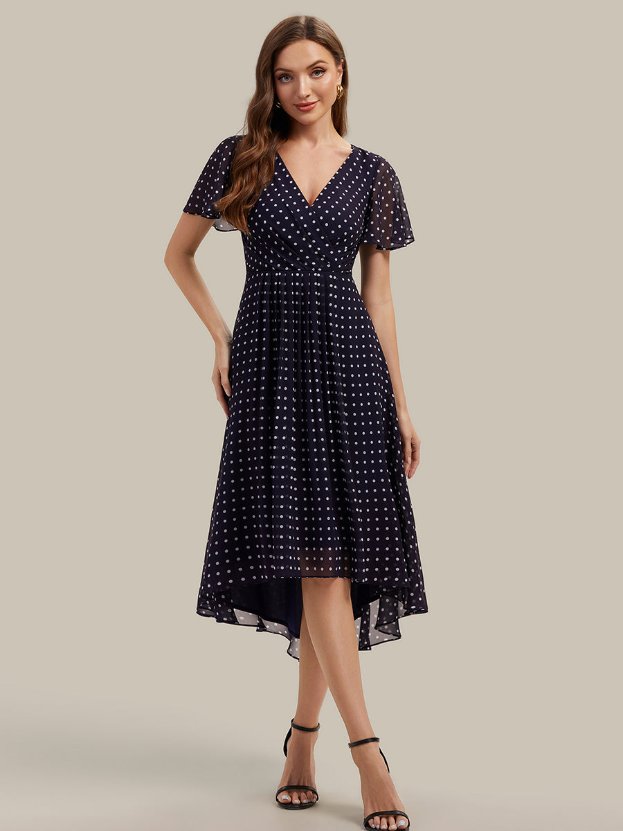 Printed Chiffon Ruffle Sleeve Wedding Guest Dress #color_Navy Blue Polka Dots