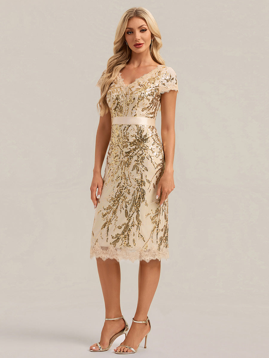 Bodycon Midi Sequin Cap Sleeve Wedding Guest Dress #color_Gold