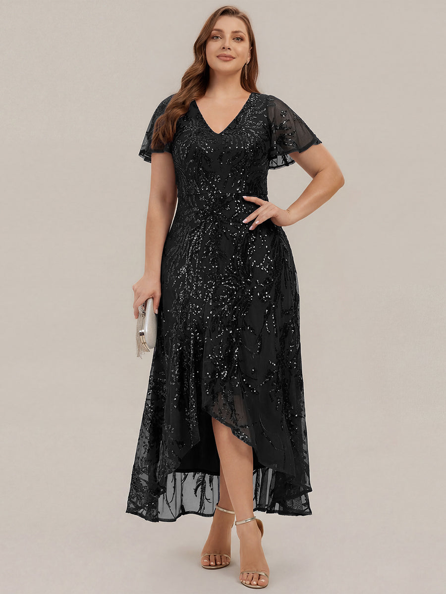 Ruffled Sequin Ruffle Sleeve Wedding Guest Dress #color_Black