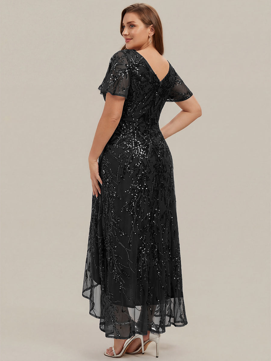 Ruffled Sequin Ruffle Sleeve Wedding Guest Dress #color_Black