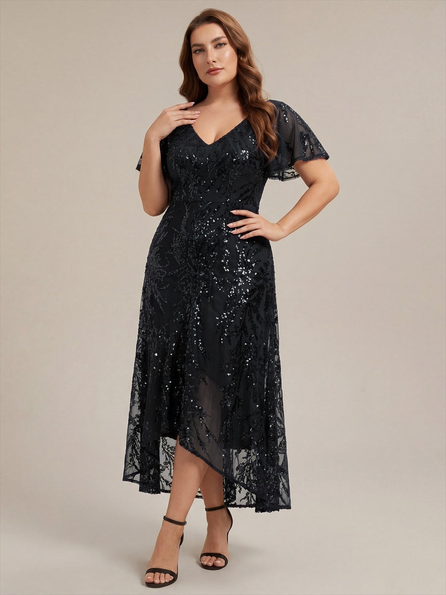 Plus Size Ruffled Sequin Wedding Guest Dress #color_Black