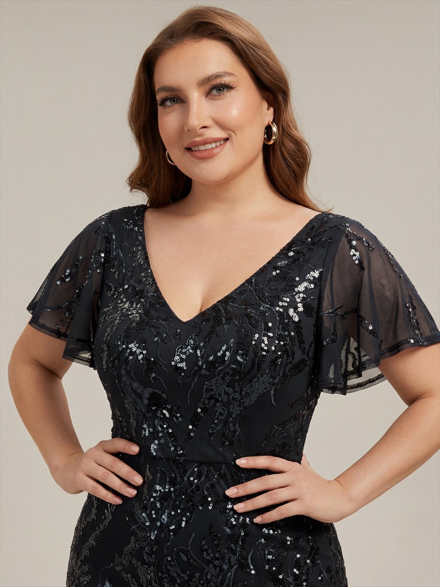 Plus Size Ruffled Sequin Wedding Guest Dress #color_Black