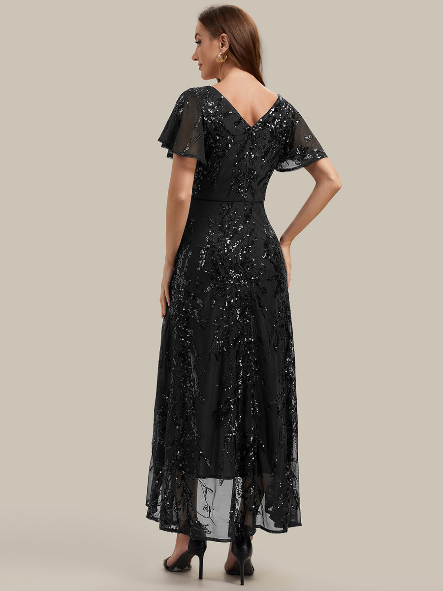 Ruffled Sequin Ruffle Sleeve Wedding Guest Dress #color_Black