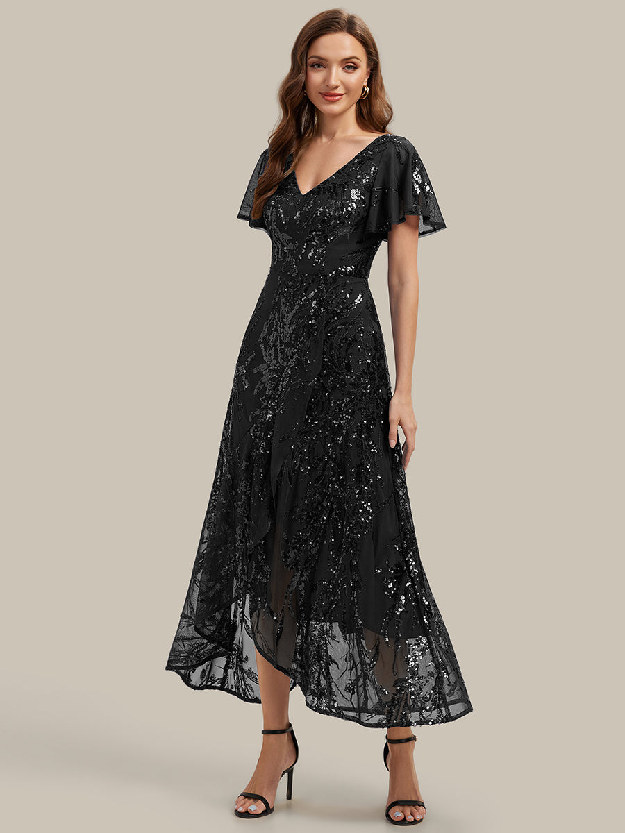 Ruffled Sequin Ruffle Sleeve Wedding Guest Dress #color_Black
