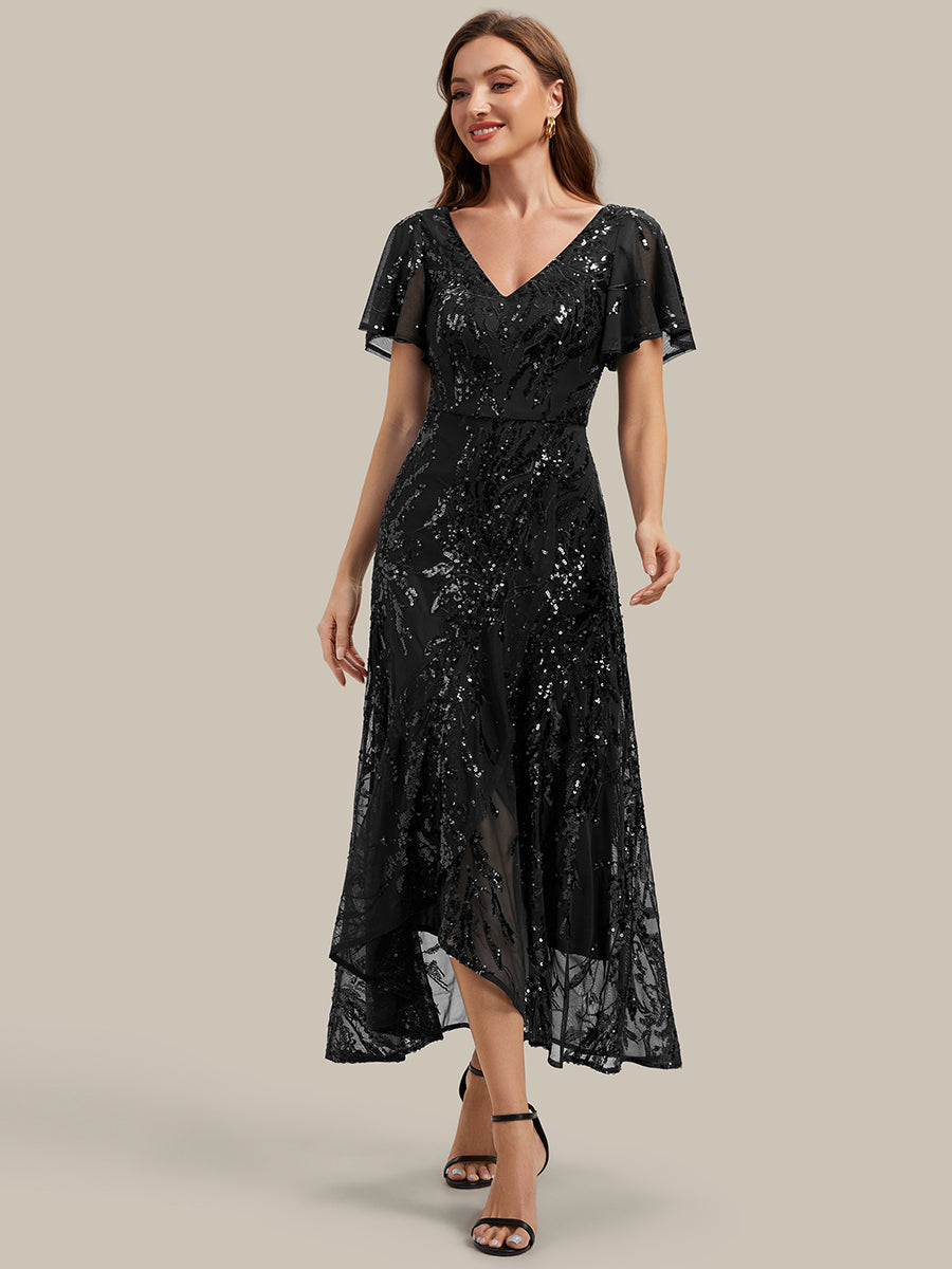 Ruffled Sequin Ruffle Sleeve Wedding Guest Dress #color_Black
