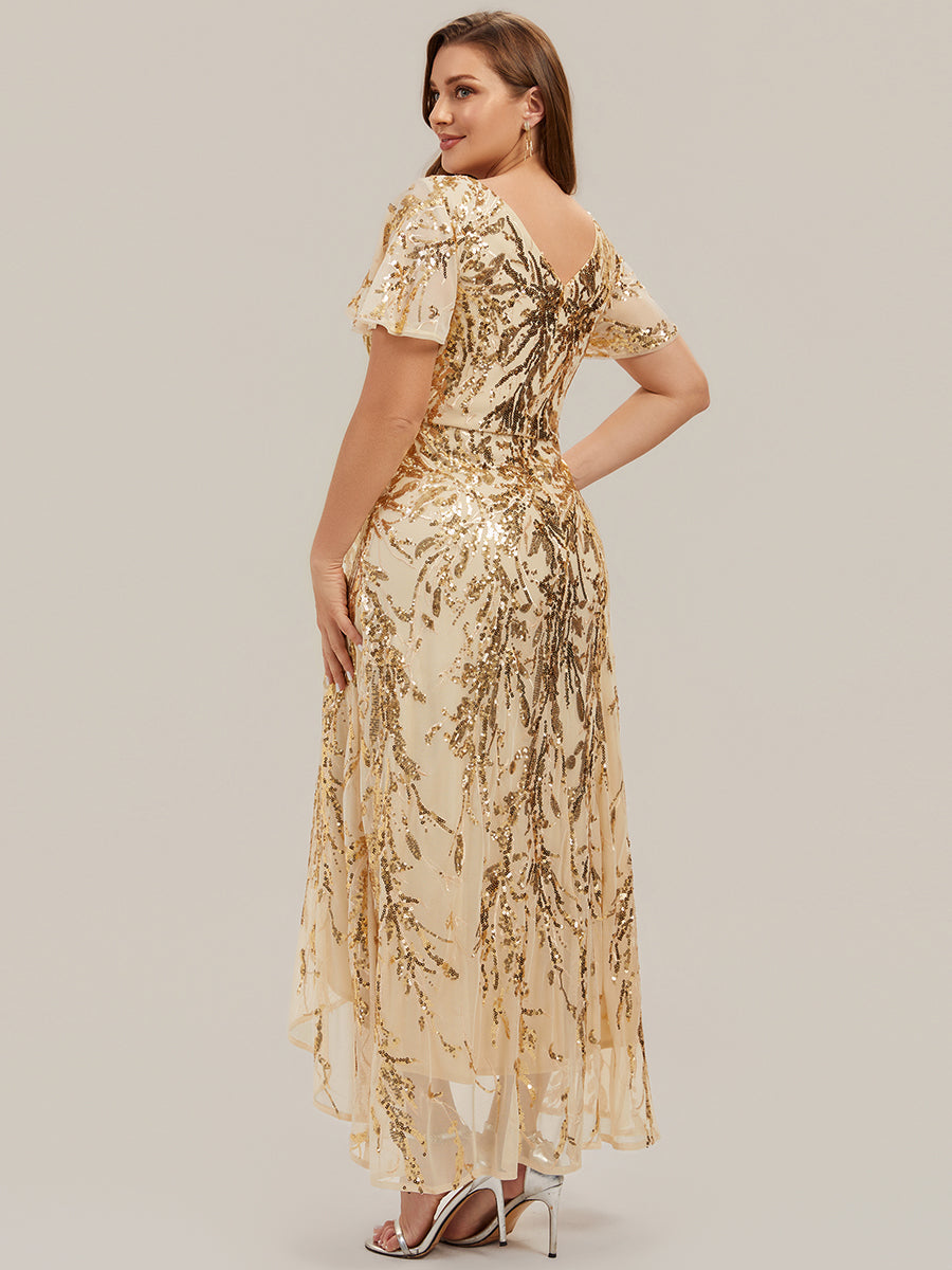 Ruffled Sequin Ruffle Sleeve Wedding Guest Dress #color_Gold