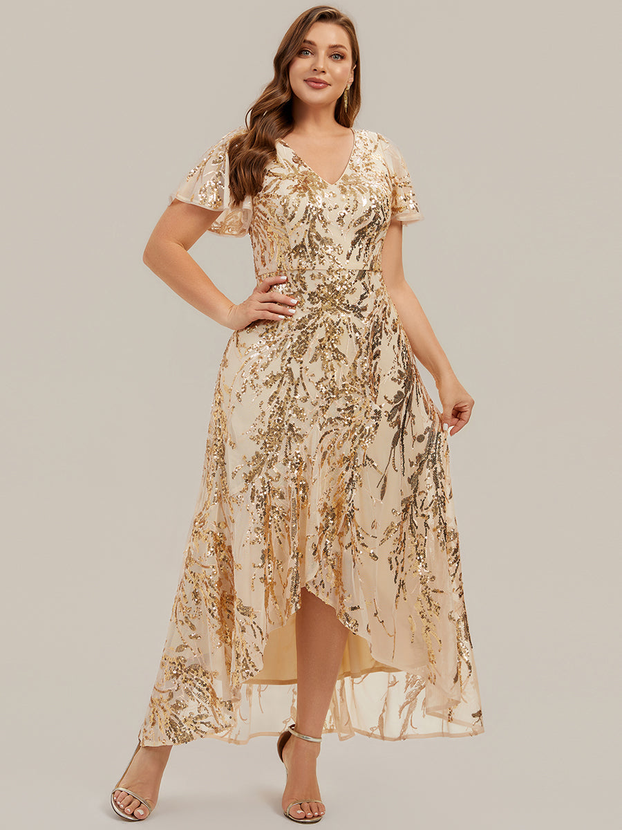 Ruffled Sequin Ruffle Sleeve Wedding Guest Dress #color_Gold