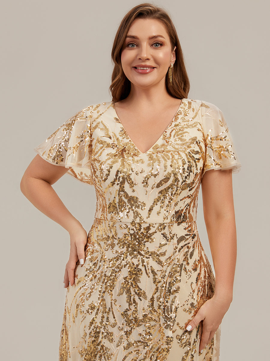 Ruffled Sequin Ruffle Sleeve Wedding Guest Dress #color_Gold