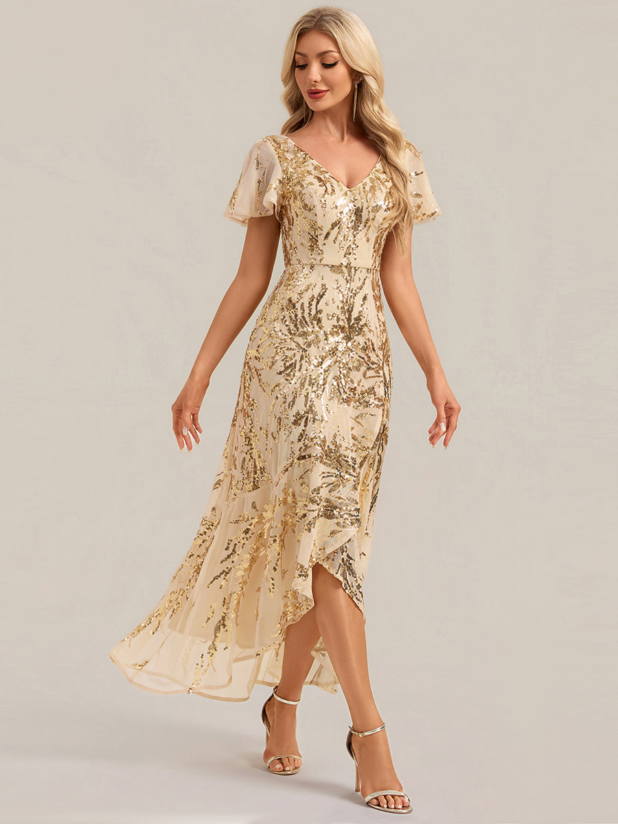 Ruffled Sequin Ruffle Sleeve Wedding Guest Dress #color_Gold