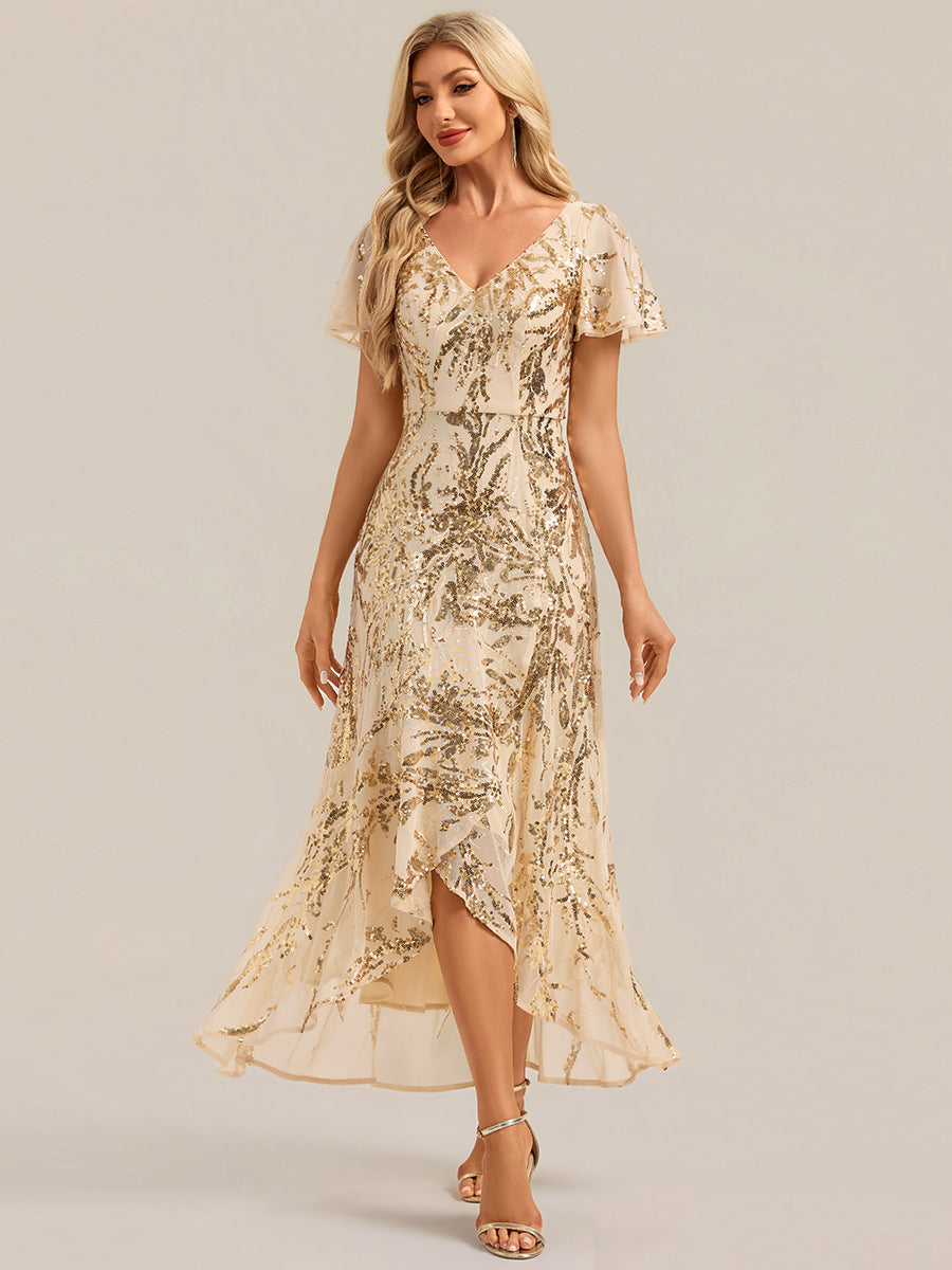 Ruffled Sequin Ruffle Sleeve Wedding Guest Dress #color_Gold