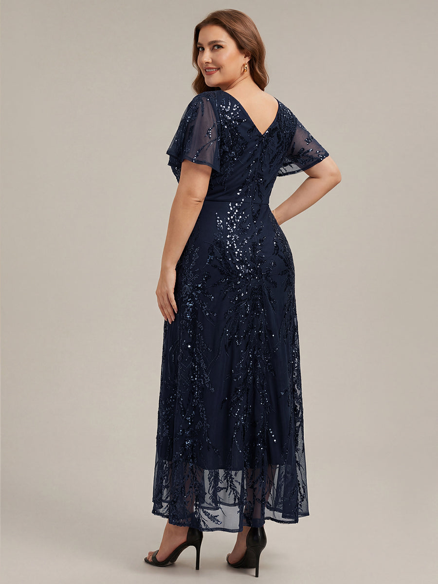 Ruffled Sequin Ruffle Sleeve Wedding Guest Dress #color_Navy Blue