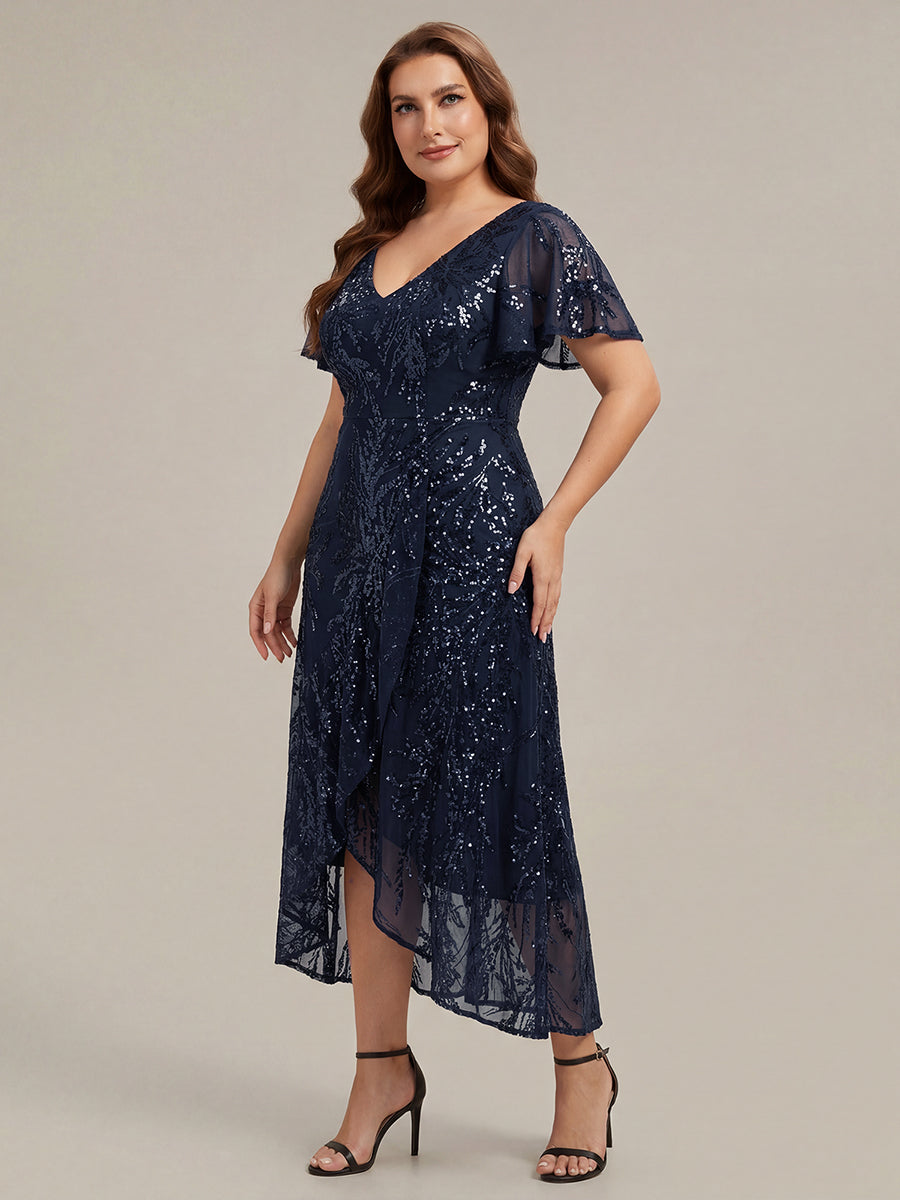 Ruffled Sequin Ruffle Sleeve Wedding Guest Dress #color_Navy Blue