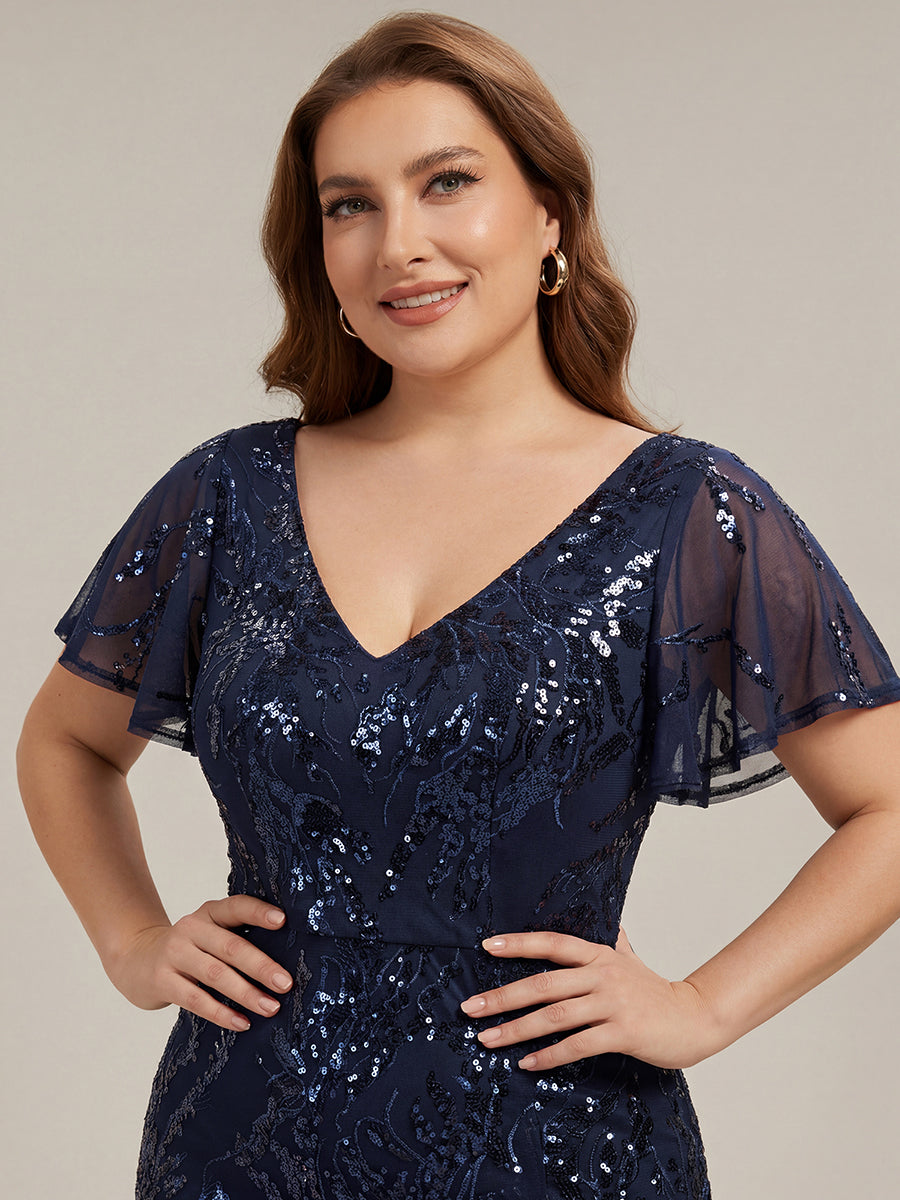 Plus Size Ruffled Sequin Wedding Guest Dress #color_Navy Blue
