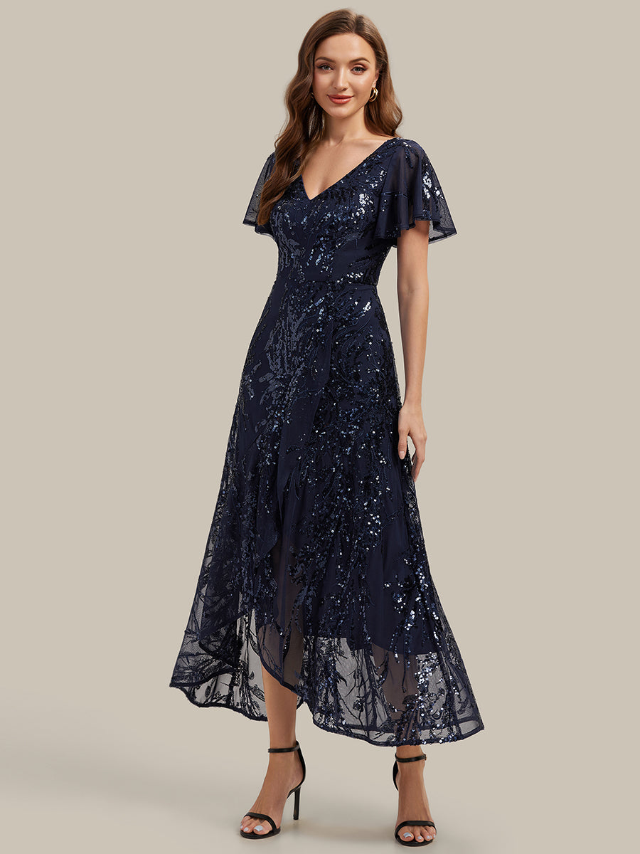 Ruffled Sequin Ruffle Sleeve Wedding Guest Dress #color_Navy Blue