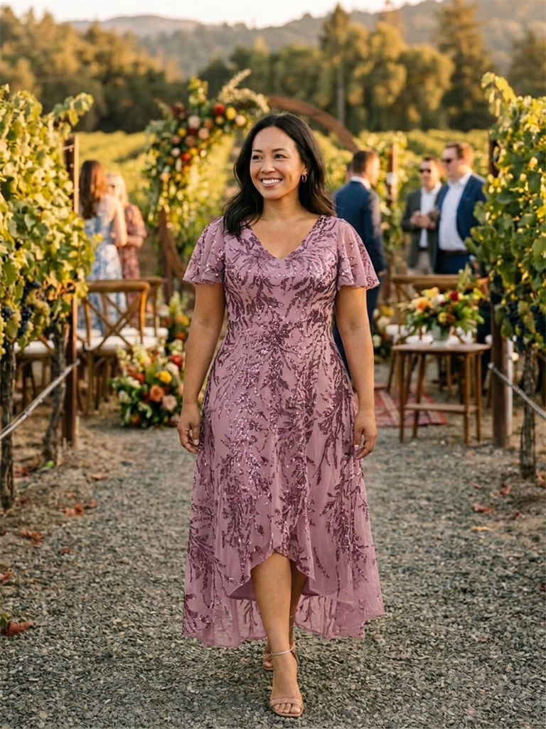 Ruffled Sequin Ruffle Sleeve Wedding Guest Dress #color_Purple Orchid