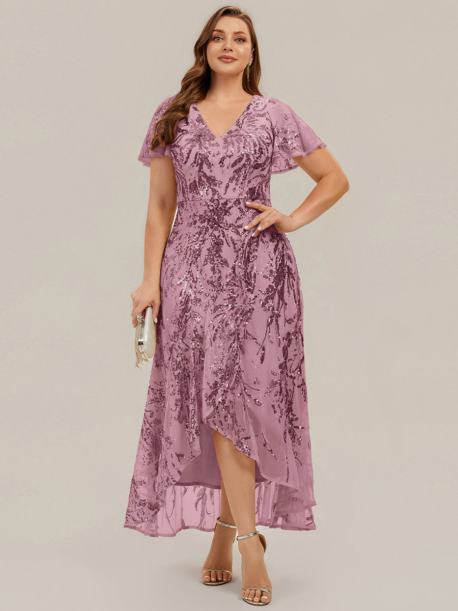 Ruffled Sequin Ruffle Sleeve Wedding Guest Dress #color_Purple Orchid
