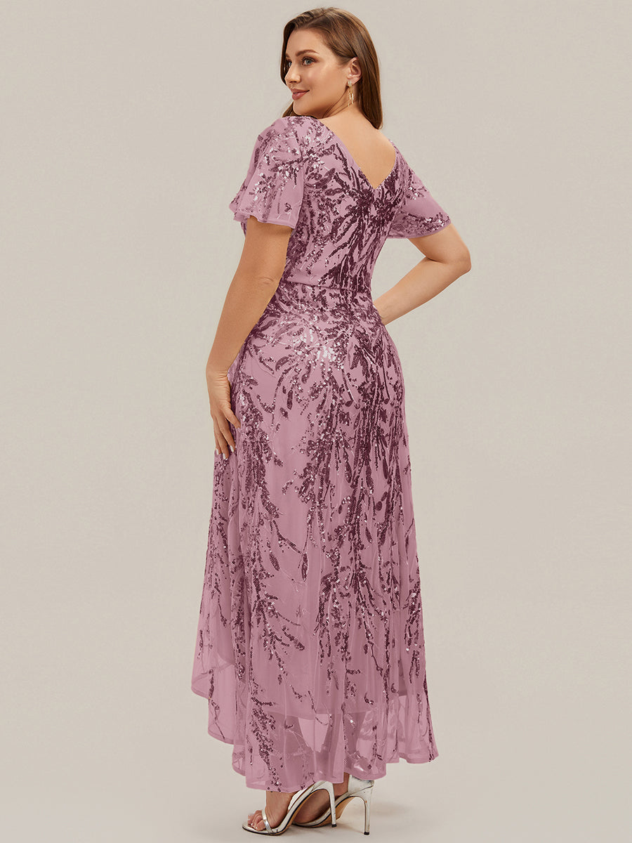 Ruffled Sequin Ruffle Sleeve Wedding Guest Dress #color_Purple Orchid
