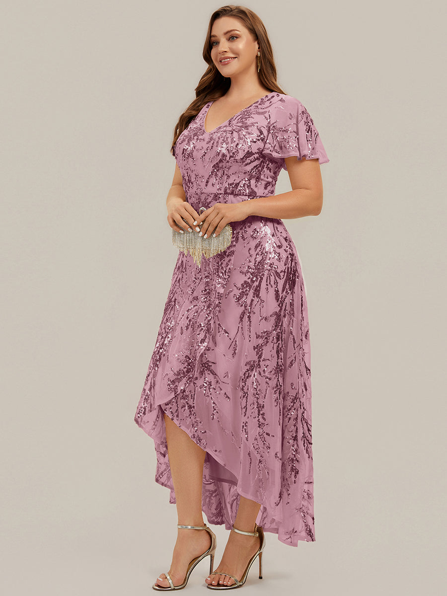 Ruffled Sequin Ruffle Sleeve Wedding Guest Dress #color_Purple Orchid