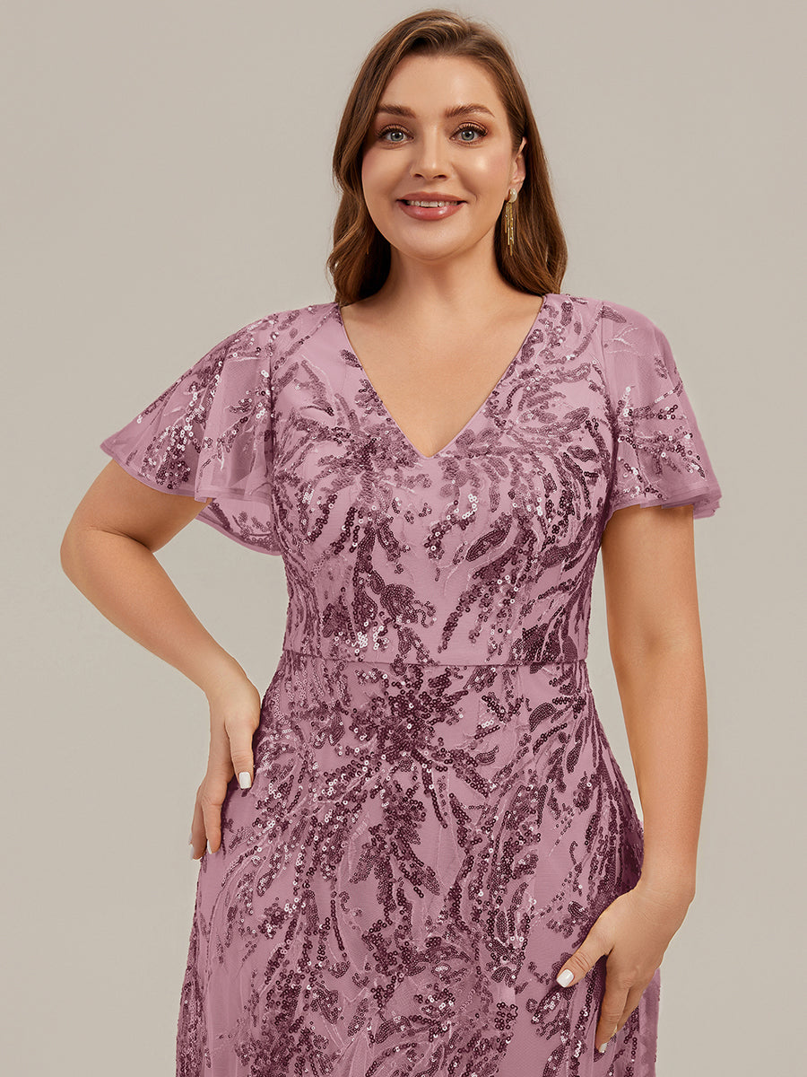 Ruffled Sequin Ruffle Sleeve Wedding Guest Dress #color_Purple Orchid