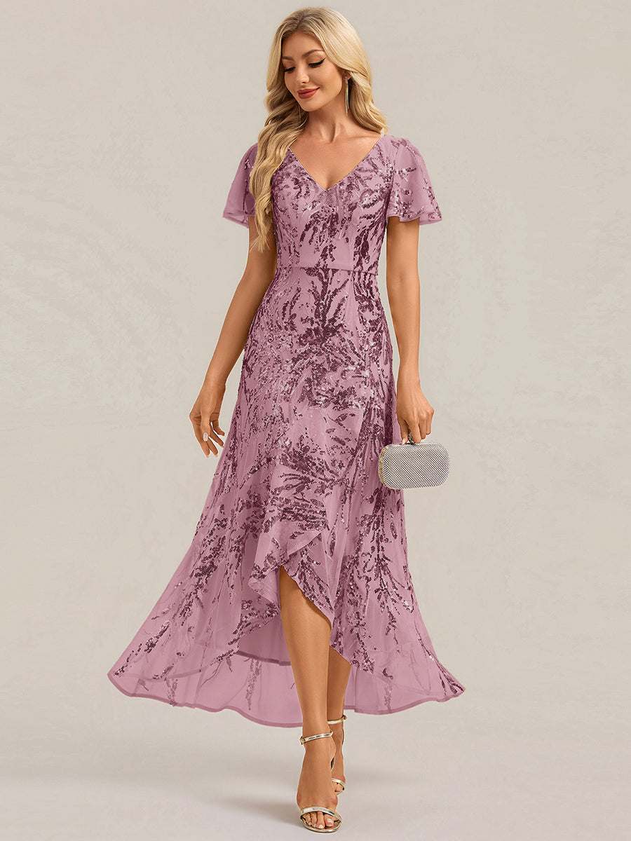 Ruffled Sequin Ruffle Sleeve Wedding Guest Dress #color_Purple Orchid