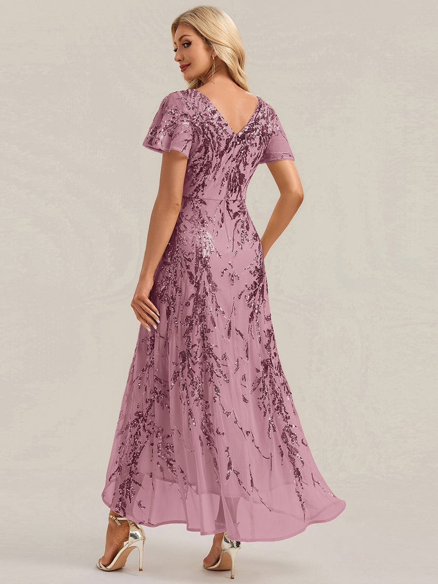 Ruffled Sequin Ruffle Sleeve Wedding Guest Dress #color_Purple Orchid