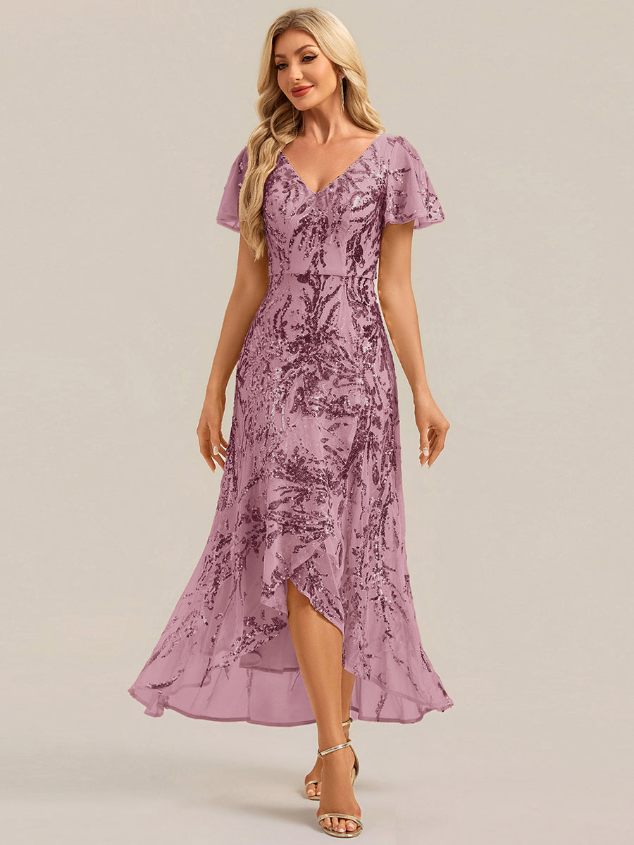 Ruffled Sequin Ruffle Sleeve Wedding Guest Dress #color_Purple Orchid