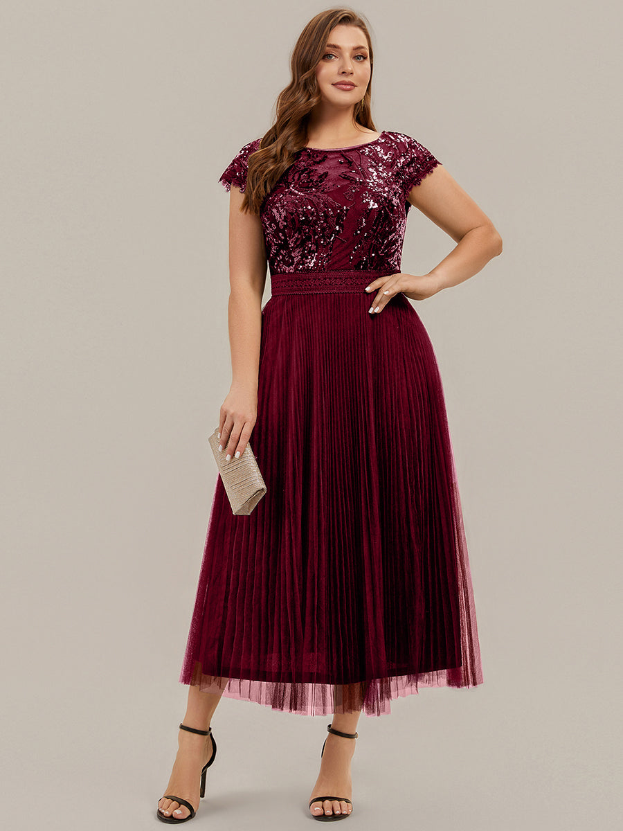 See-through Sequin Cap Sleeve Wedding Guest Dress #color_Burgundy