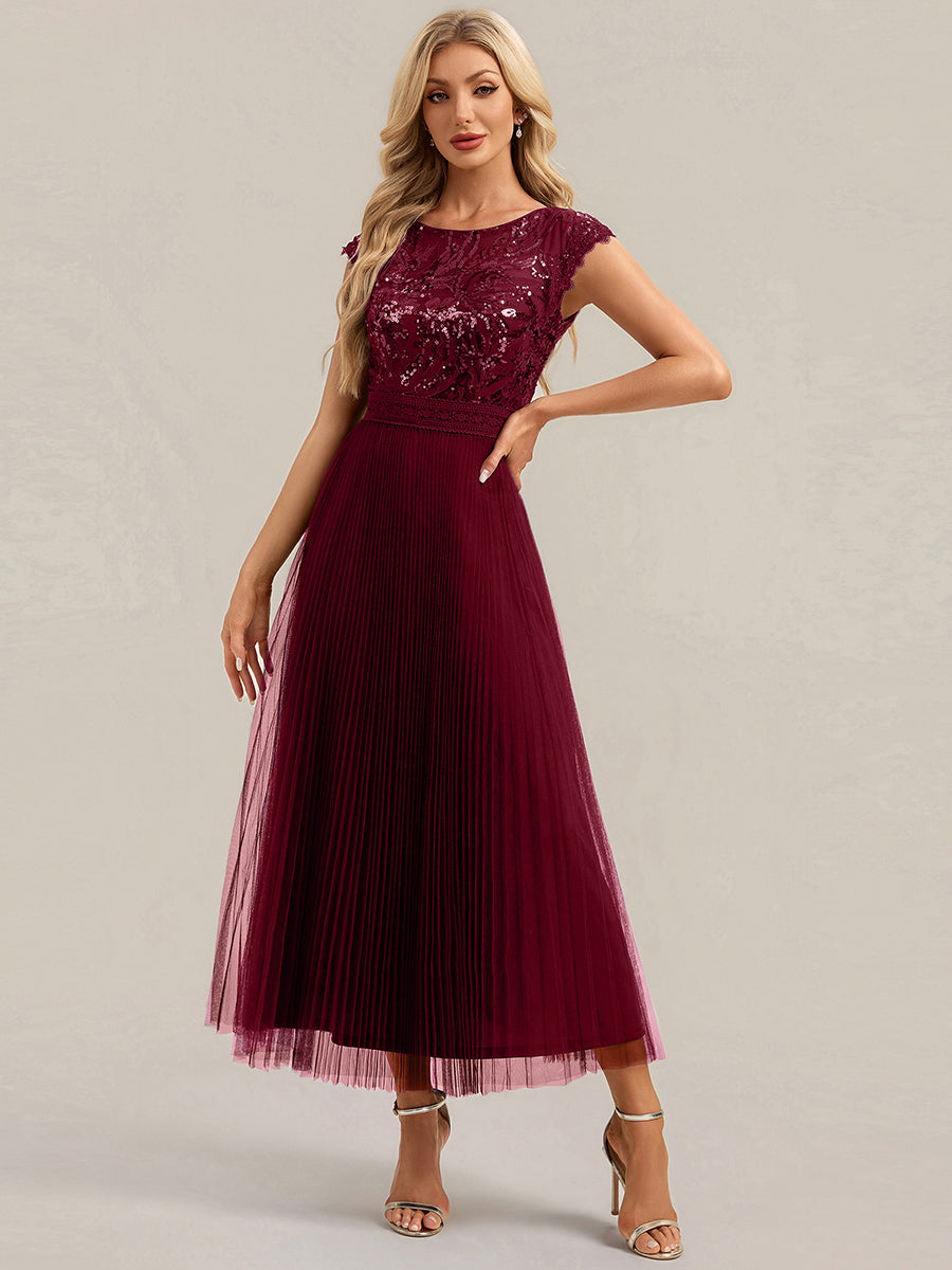 See-through Sequin Cap Sleeve Wedding Guest Dress #color_Burgundy