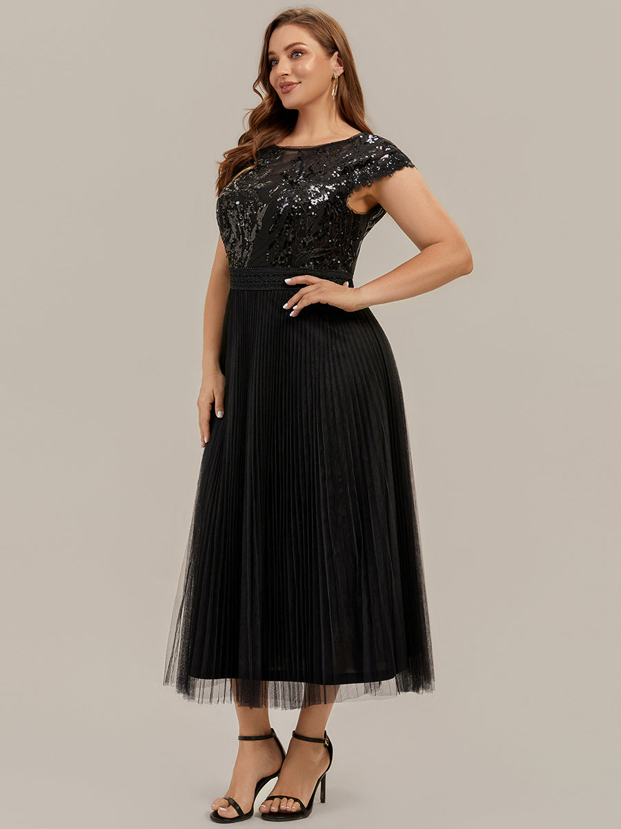 See-through Sequin Cap Sleeve Wedding Guest Dress #color_Black