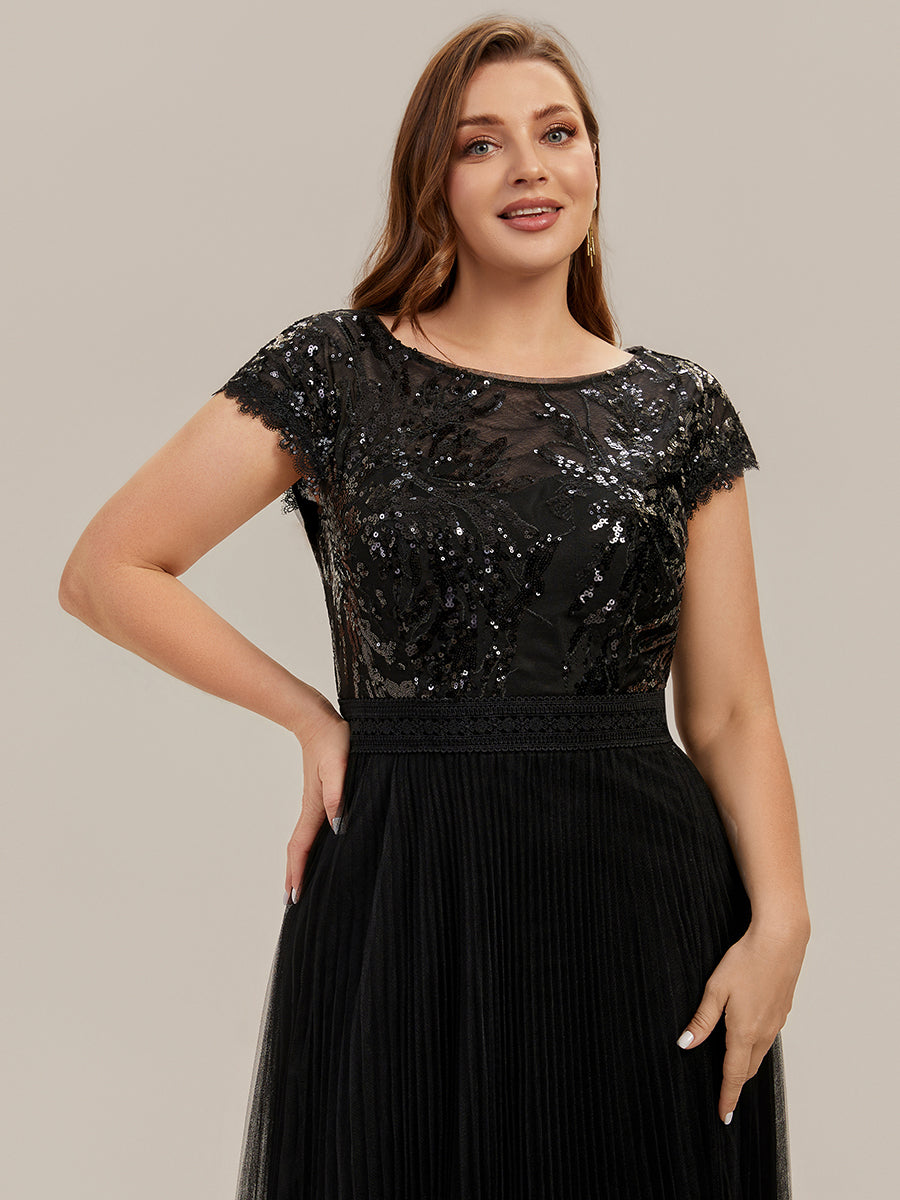See-through Sequin Cap Sleeve Wedding Guest Dress #color_Black