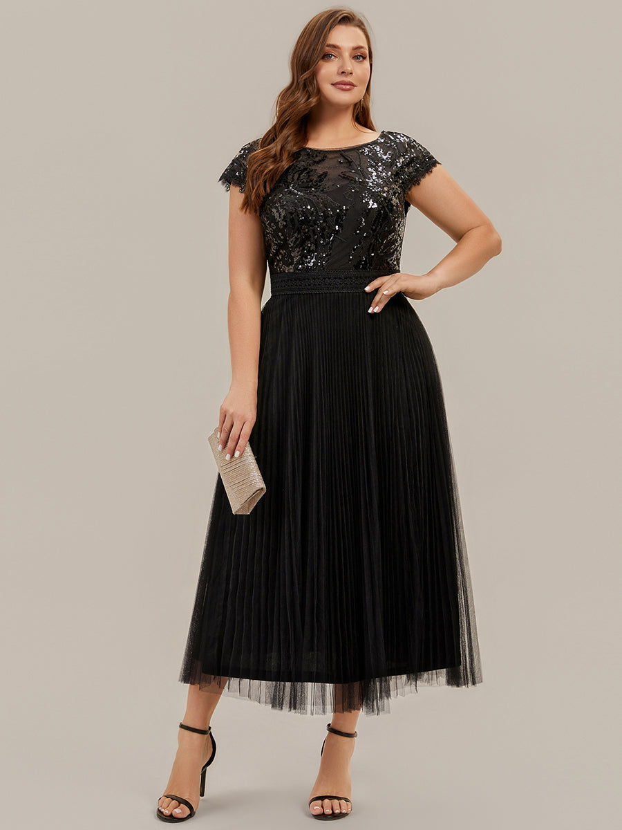 See-through Sequin Cap Sleeve Wedding Guest Dress #color_Black