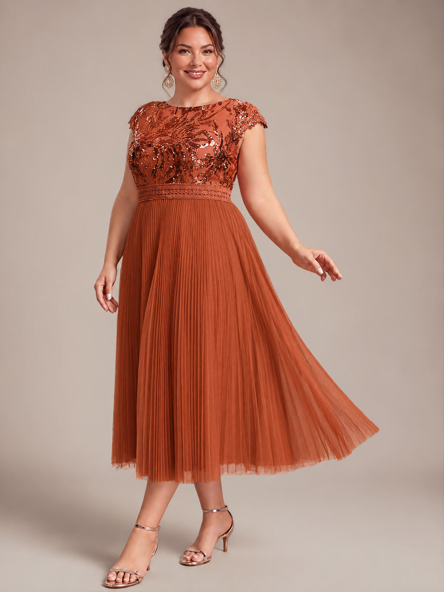 See-through Sequin Cap Sleeve Wedding Guest Dress #color_Burnt Orange