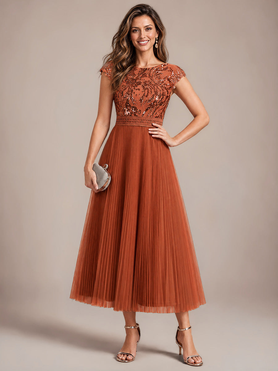 See-through Sequin Cap Sleeve Wedding Guest Dress #color_Burnt Orange
