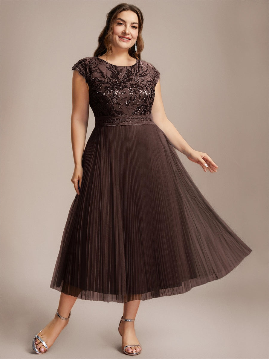 Plus Size See-through Sequin Wedding Guest Dress #color_Chocolate brown