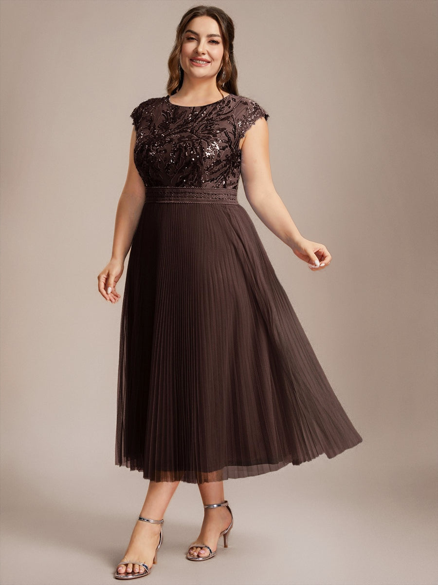 Plus Size See-through Sequin Wedding Guest Dress #color_Chocolate brown