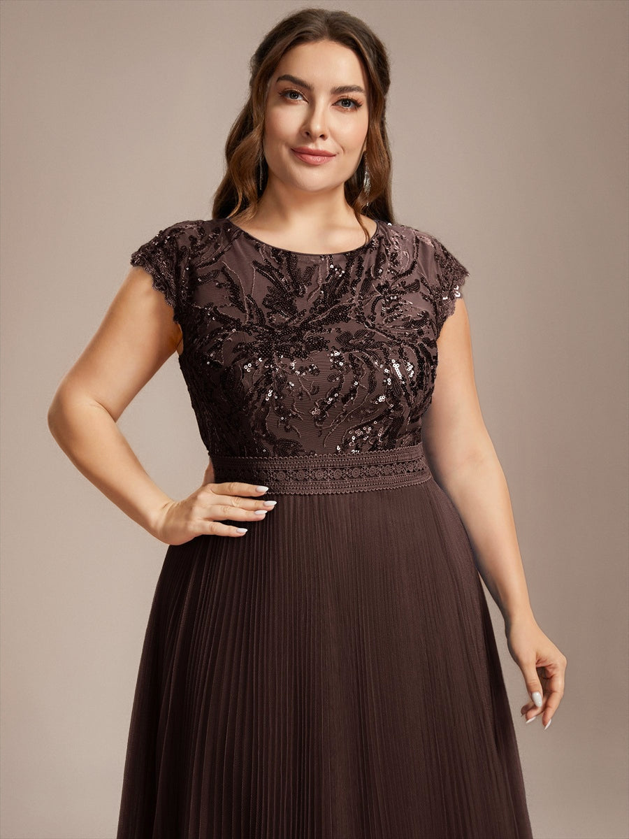 See-through Sequin Cap Sleeve Wedding Guest Dress #color_Chocolate brown
