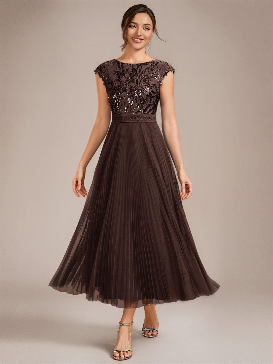 See-through Sequin Cap Sleeve Wedding Guest Dress #color_Chocolate brown