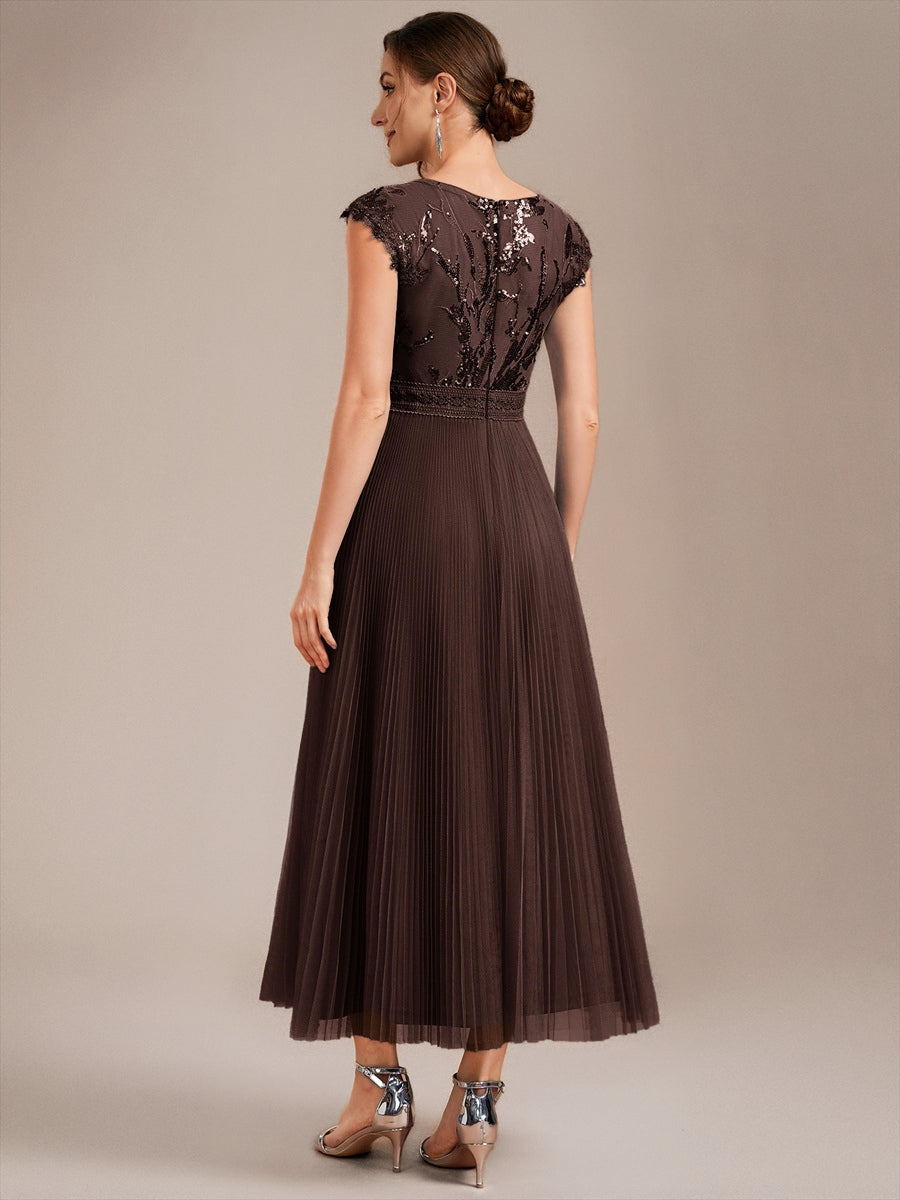 See-through Sequin Cap Sleeve Wedding Guest Dress #color_Chocolate brown