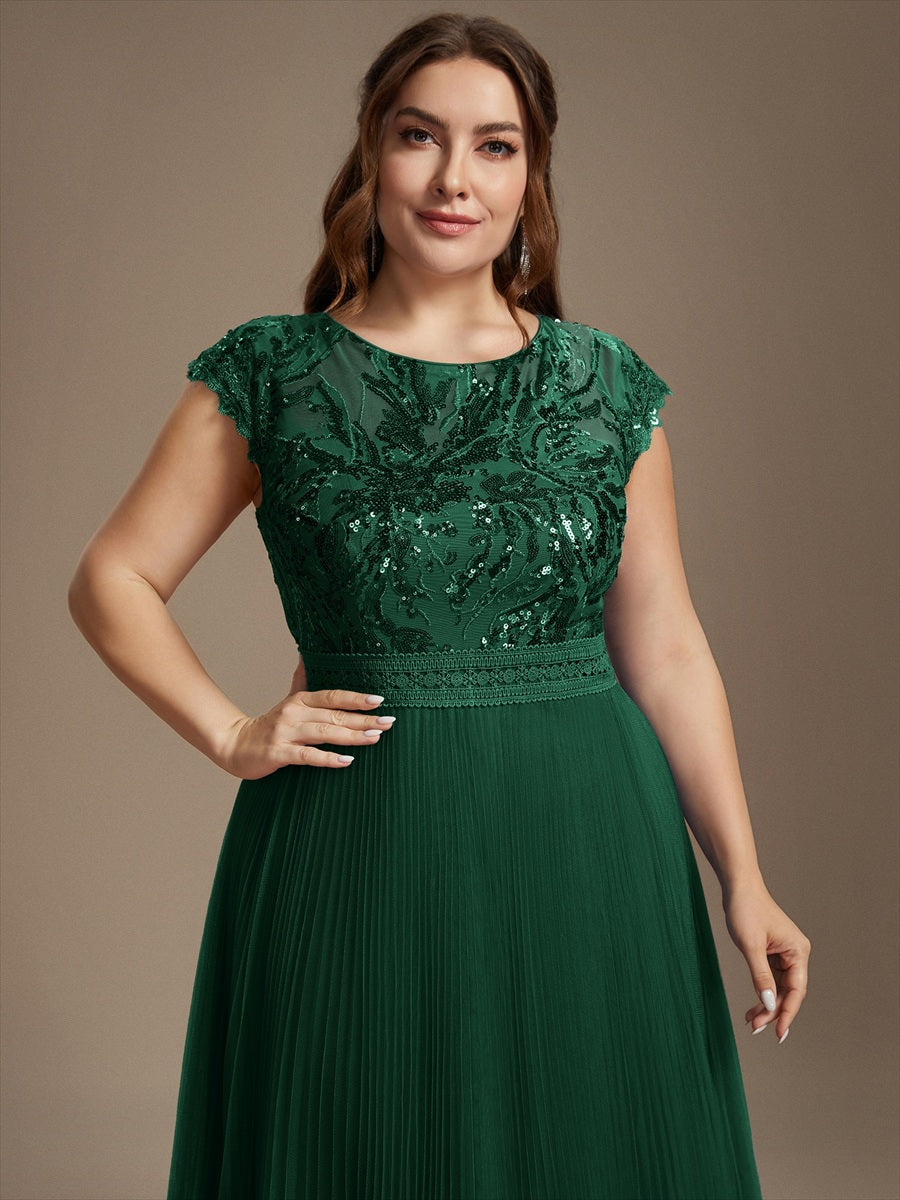 See-through Sequin Cap Sleeve Wedding Guest Dress #color_Dark Green