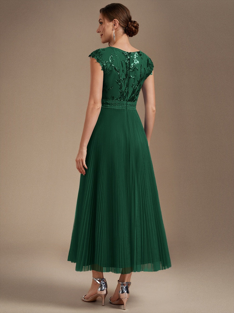 See-through Sequin Cap Sleeve Wedding Guest Dress #color_Dark Green