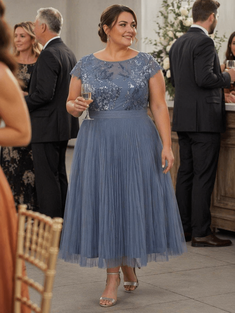 Plus Size See-through Sequin Wedding Guest Dress #color_Dusty Blue