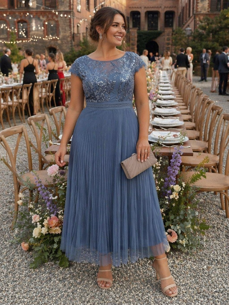 Plus Size See-through Sequin Wedding Guest Dress #color_Dusty Blue