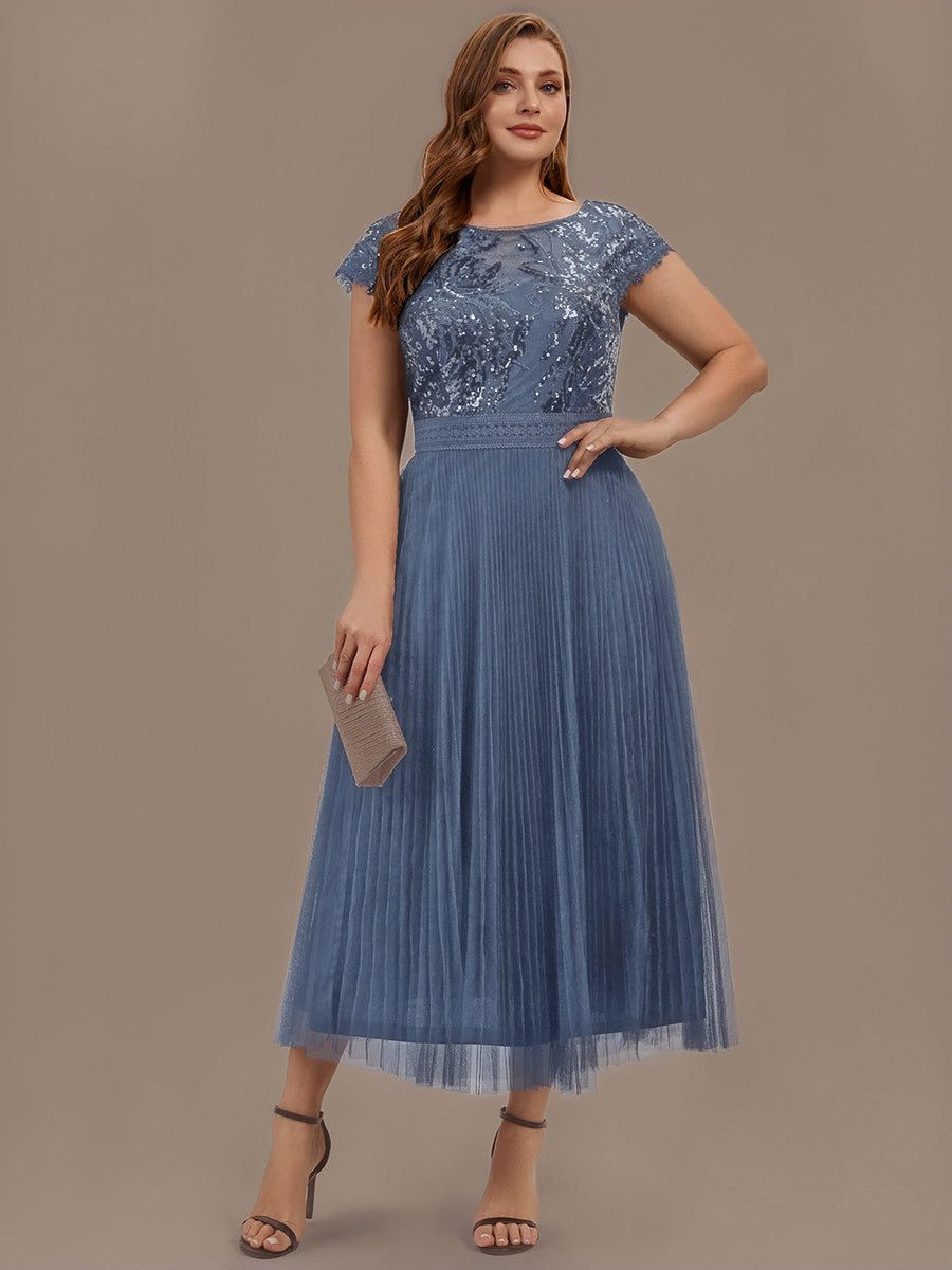 See-through Sequin Cap Sleeve Wedding Guest Dress #color_Dusty Blue