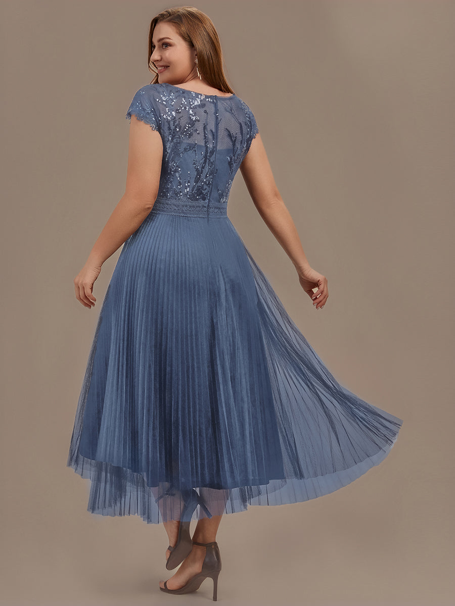 See-through Sequin Cap Sleeve Wedding Guest Dress #color_Dusty Blue