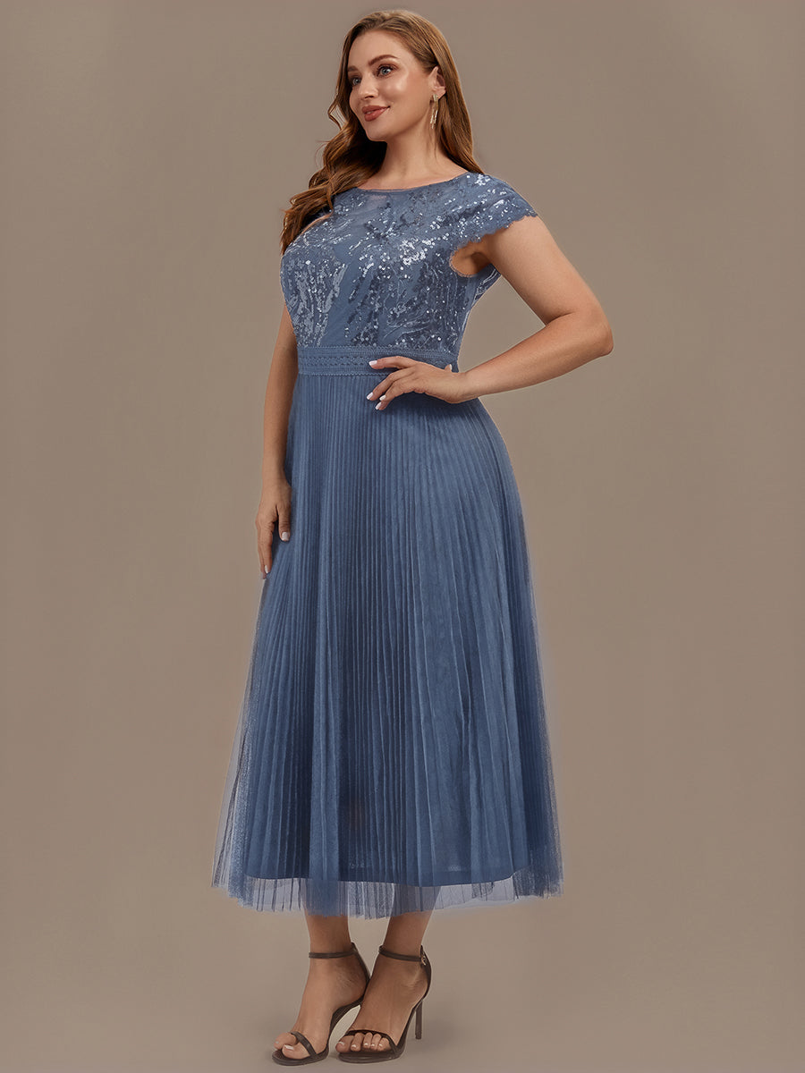 See-through Sequin Cap Sleeve Wedding Guest Dress #color_Dusty Blue